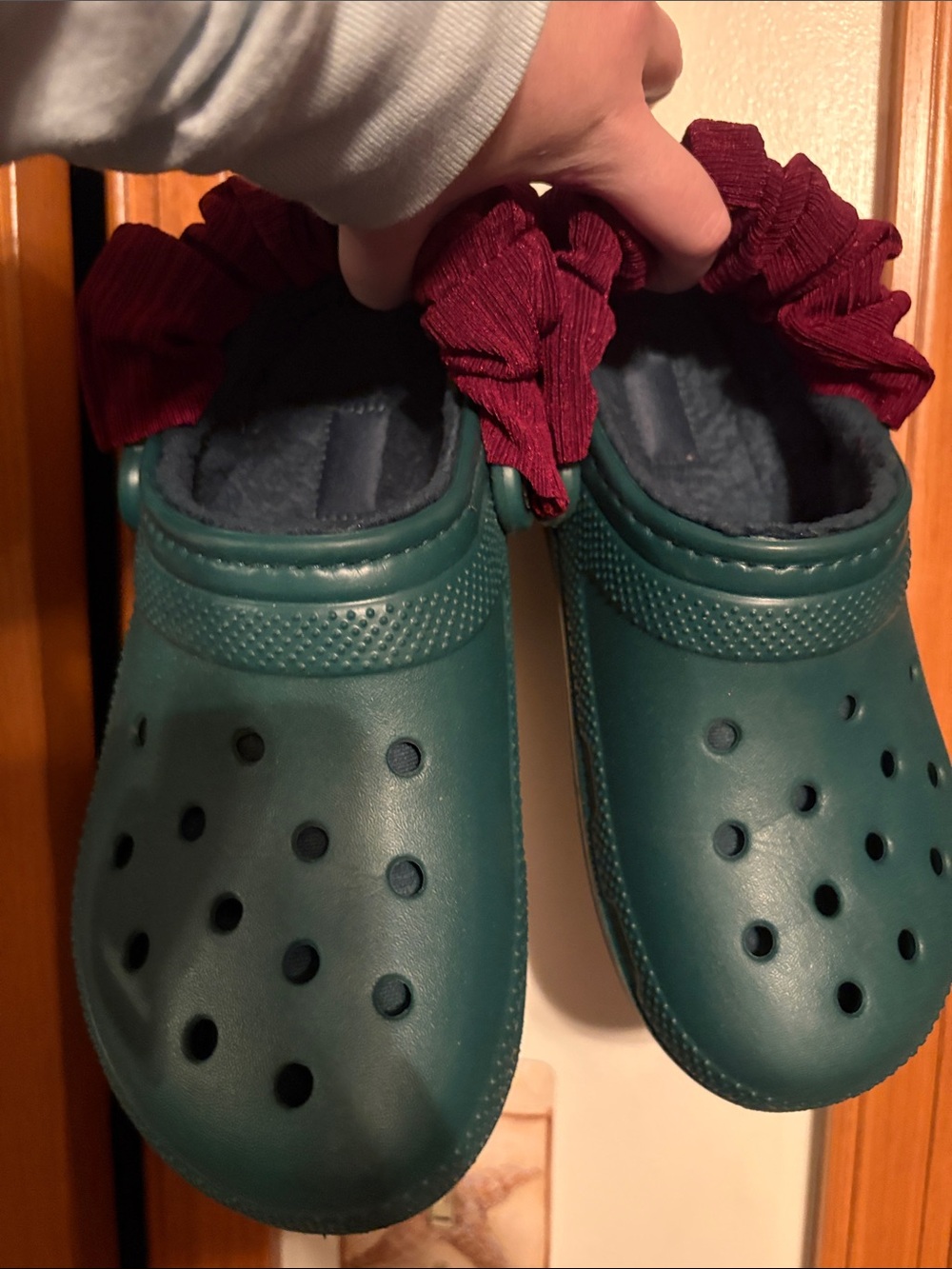 Crocs Forest Green classic lined clogs with Burgundy Scrunchie Accent
